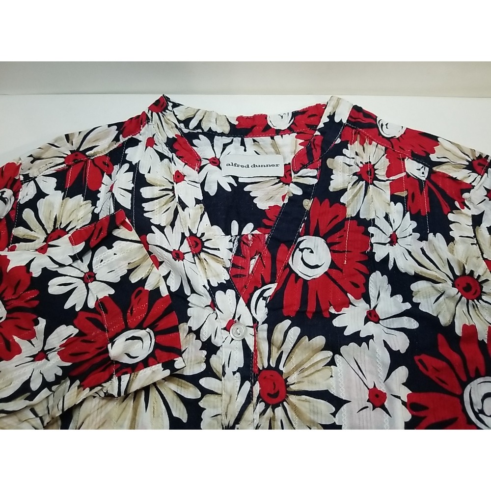 Alfred Dunner Womens 18 Floral Red White Black Button‎ Up Cotton 3/4 Sleeves